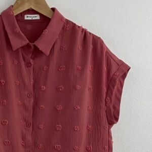 Pink Cap Sleeve French Dot Texture Button Down Shirt